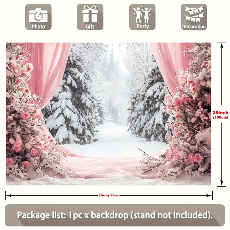 Fundal vibrant de Winter Wonderland - scene de pădure de zăpadă din poliester cu perdele roz, sărbători, zile de naștere, nunți