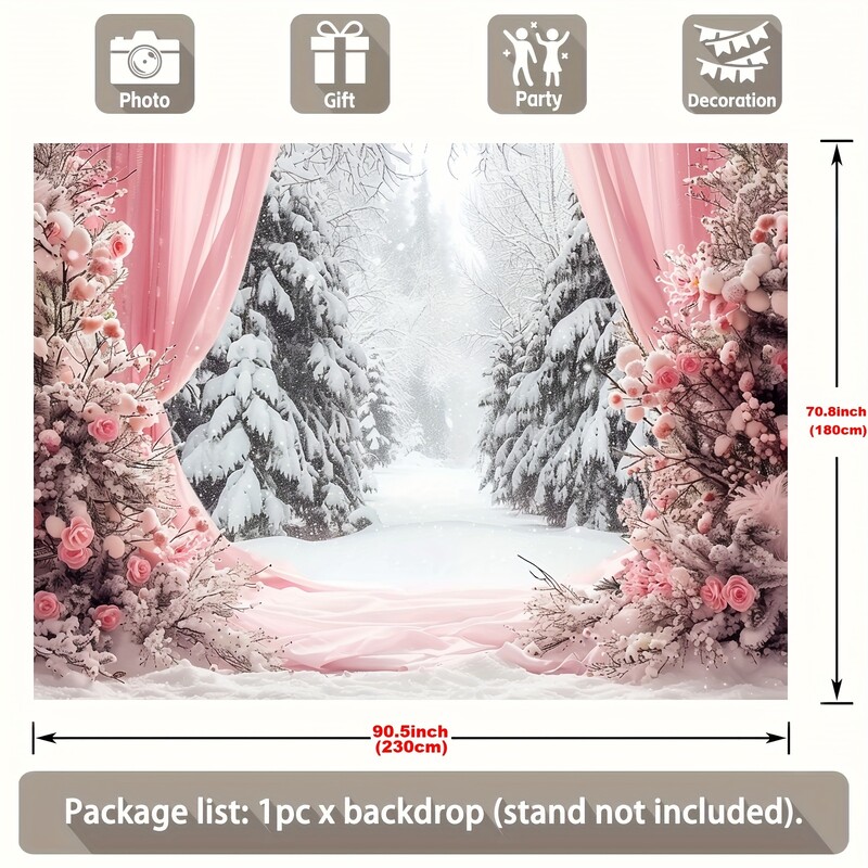 Fundal vibrant de Winter Wonderland - scene de pădure de zăpadă din poliester cu perdele roz, sărbători, zile de naștere, nunți