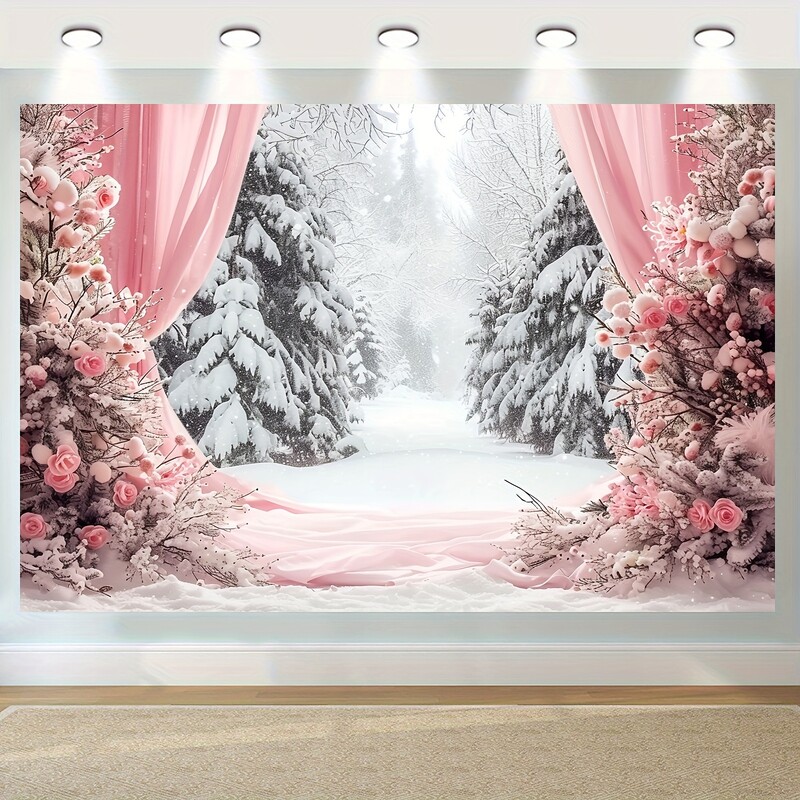 Fundal vibrant de Winter Wonderland - scene de pădure de zăpadă din poliester cu perdele roz, sărbători, zile de naștere, nunți