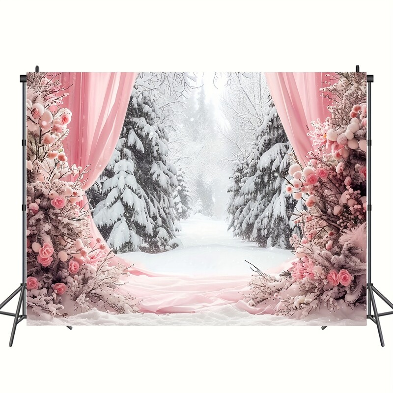 Fundal vibrant de Winter Wonderland - scene de pădure de zăpadă din poliester cu perdele roz, sărbători, zile de naștere, nunți