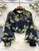 Női tavaszi őszi ing francia retro tüll virágos pólógallér lámpás ujjú kivitel, egyedi bő szabású blúz felső D4959