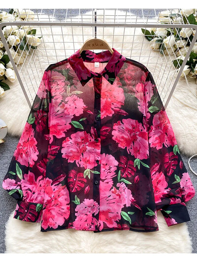 Női tavaszi őszi ing francia retro tüll virágos pólógallér lámpás ujjú kivitel, egyedi bő szabású blúz felső D4959