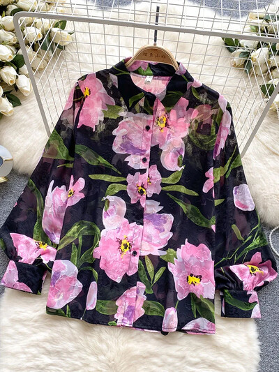 Női tavaszi őszi ing francia retro tüll virágos pólógallér lámpás ujjú kivitel, egyedi bő szabású blúz felső D4959