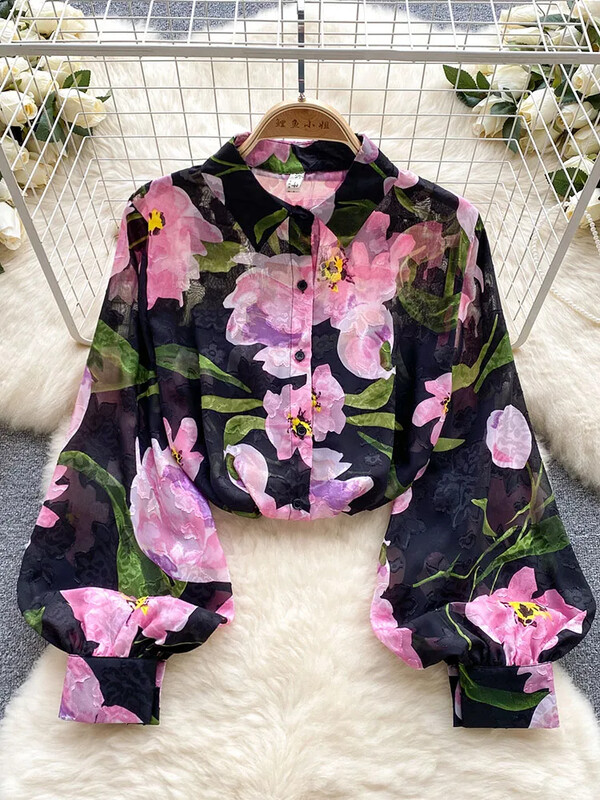 Női tavaszi őszi ing francia retro tüll virágos pólógallér lámpás ujjú kivitel, egyedi bő szabású blúz felső D4959