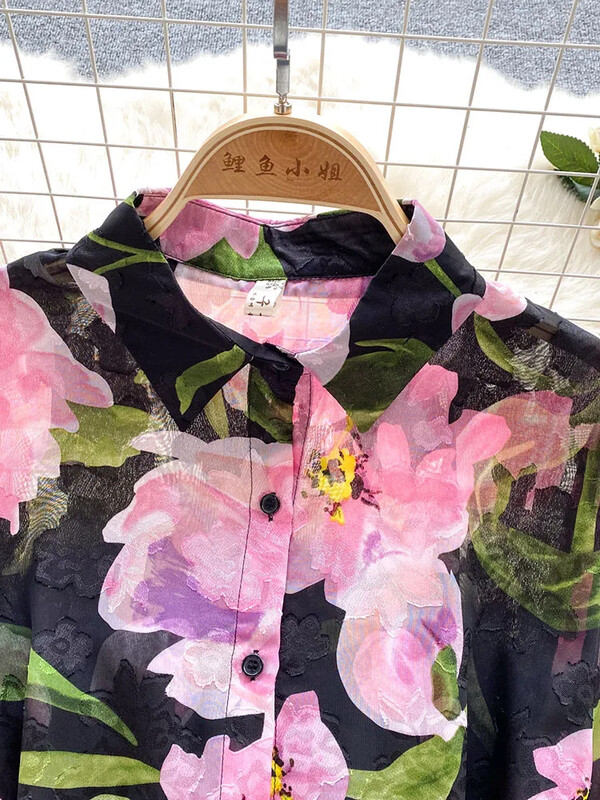 Női tavaszi őszi ing francia retro tüll virágos pólógallér lámpás ujjú kivitel, egyedi bő szabású blúz felső D4959