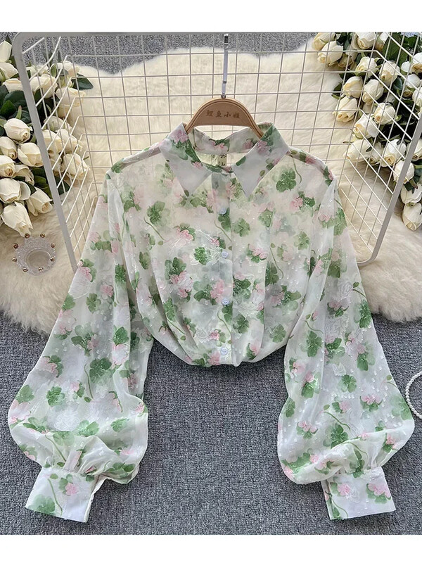 Női tavaszi ing koreai változat Virágos pólógallér tüll ing Lámpás ujjak Egyedi Art Retro hosszú ujjú bő felső D4721