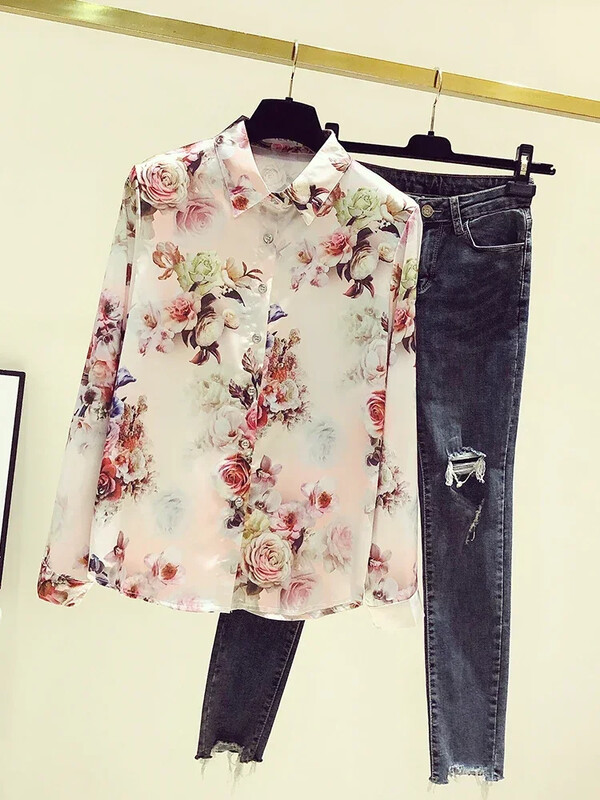 Jauna stila šifona krekls ar garām piedurknēm Sieviešu pavasara drēbes Sieviešu, salds, moderns, nolaižams apkakle Biroja dāmu blūze C219