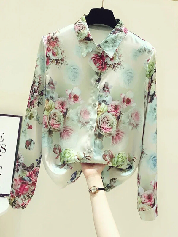 Jauna stila šifona krekls ar garām piedurknēm Sieviešu pavasara drēbes Sieviešu, salds, moderns, nolaižams apkakle Biroja dāmu blūze C219