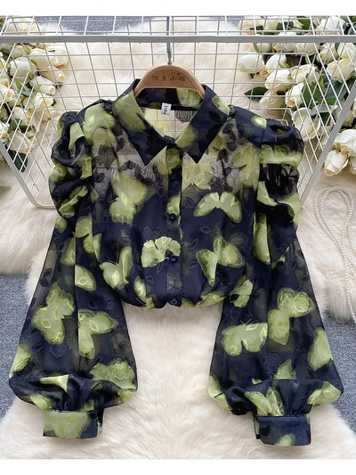 Női tavaszi őszi ing Retro romantikus hangulatú nyomott ing buborékos ujjakkal Design kiváló minőségű kis stílusú felső D5496