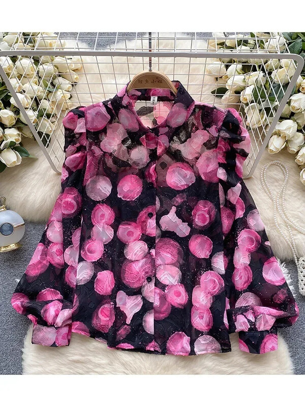 Női tavaszi őszi ing Retro romantikus hangulatú nyomott ing buborékos ujjakkal Design kiváló minőségű kis stílusú felső D5496