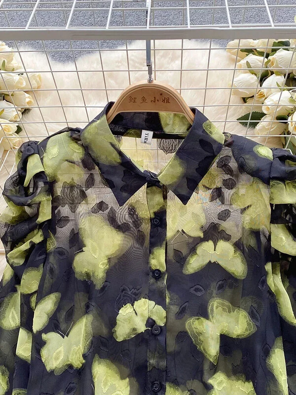 Női tavaszi őszi ing Retro romantikus hangulatú nyomott ing buborékos ujjakkal Design kiváló minőségű kis stílusú felső D5496