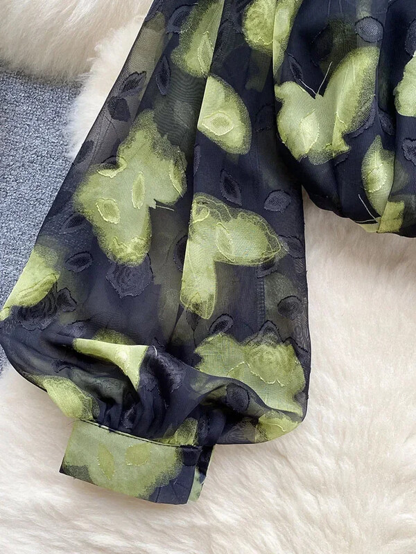 Női tavaszi őszi ing Retro romantikus hangulatú nyomott ing buborékos ujjakkal Design kiváló minőségű kis stílusú felső D5496