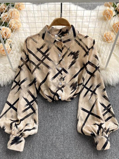 Tavaszi őszi női retro nyomott ing Női bő lámpás ujjú blúz Olajfestmény Sense ing felsők Női D0632