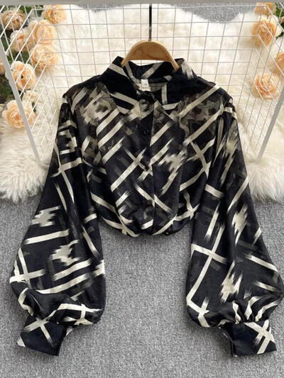 Tavaszi őszi női retro nyomott ing Női bő lámpás ujjú blúz Olajfestmény Sense ing felsők Női D0632