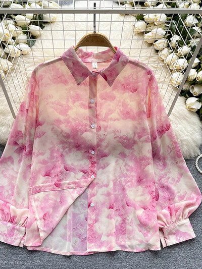 Tavaszi őszi női retro nyomott ing Női bő lámpás ujjú blúz Olajfestmény Sense ing felsők Női D0632