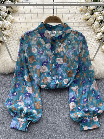 Tavaszi őszi női retro nyomott ing Női bő lámpás ujjú blúz Olajfestmény Sense ing felsők Női D0632