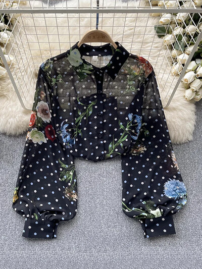 Tavaszi őszi női retro nyomott ing Női bő lámpás ujjú blúz Olajfestmény Sense ing felsők Női D0632