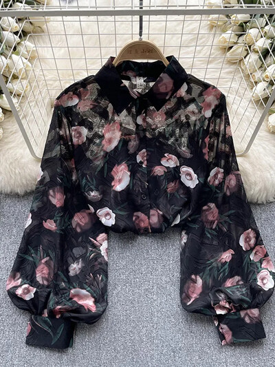 Tavaszi őszi női retro nyomott ing Női bő lámpás ujjú blúz Olajfestmény Sense ing felsők Női D0632