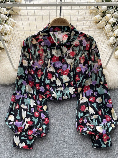 Tavaszi őszi női retro nyomott ing Női bő lámpás ujjú blúz Olajfestmény Sense ing felsők Női D0632