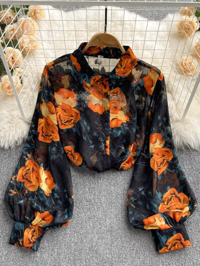 Tavaszi őszi női retro nyomott ing Női bő lámpás ujjú blúz Olajfestmény Sense ing felsők Női D0632