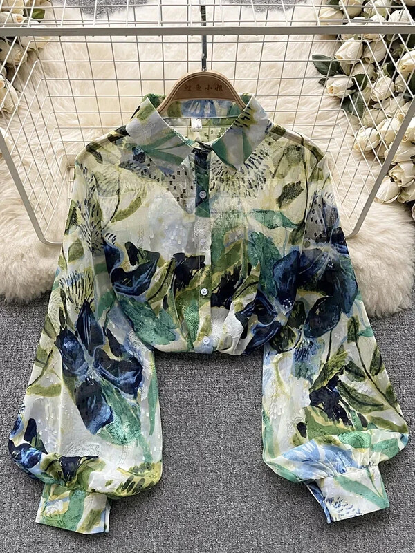 Tavaszi őszi női retro nyomott ing Női bő lámpás ujjú blúz Olajfestmény Sense ing felsők Női D0632