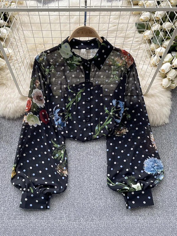 Tavaszi őszi női retro nyomott ing Női bő lámpás ujjú blúz Olajfestmény Sense ing felsők Női D0632