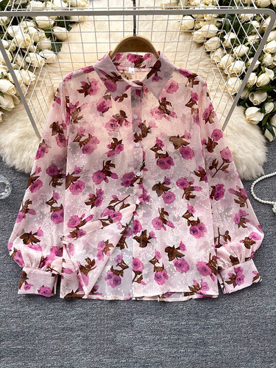 Tavaszi őszi temperamentum divat Retro sifon virágos blúzok Nyomtatott bő hajtókás Puff ujjú felső gombos ing Női A69