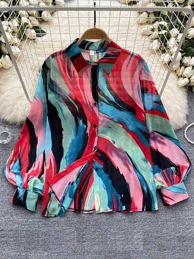 Tavaszi őszi temperamentum divat Retro sifon virágos blúzok Nyomtatott bő hajtókás Puff ujjú felső gombos ing Női A69