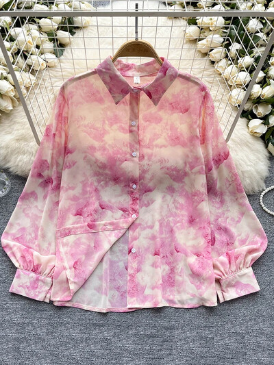 Tavaszi őszi temperamentum divat Retro sifon virágos blúzok Nyomtatott bő hajtókás Puff ujjú felső gombos ing Női A69