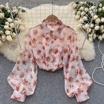 Vintage Floral Print Puff Μακρυμάνικη Μπλούζα Λεπτή Κομψή Κορεάτικη Μόδα Crop Top Σέξι Άνοιξη Καλοκαιρινό γυναικείο πουκάμισο Femme Blusa