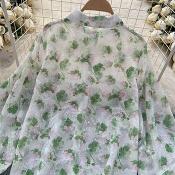 Vintage Floral Print Puff Μακρυμάνικη Μπλούζα Λεπτή Κομψή Κορεάτικη Μόδα Crop Top Σέξι Άνοιξη Καλοκαιρινό γυναικείο πουκάμισο Femme Blusa