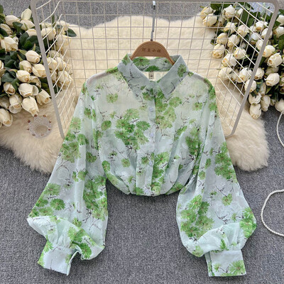Vintage virágmintás puff hosszú ujjú blúz Vékony Elegáns koreai divat Crop felső szexi tavaszi nyár női ing Femme Blusa