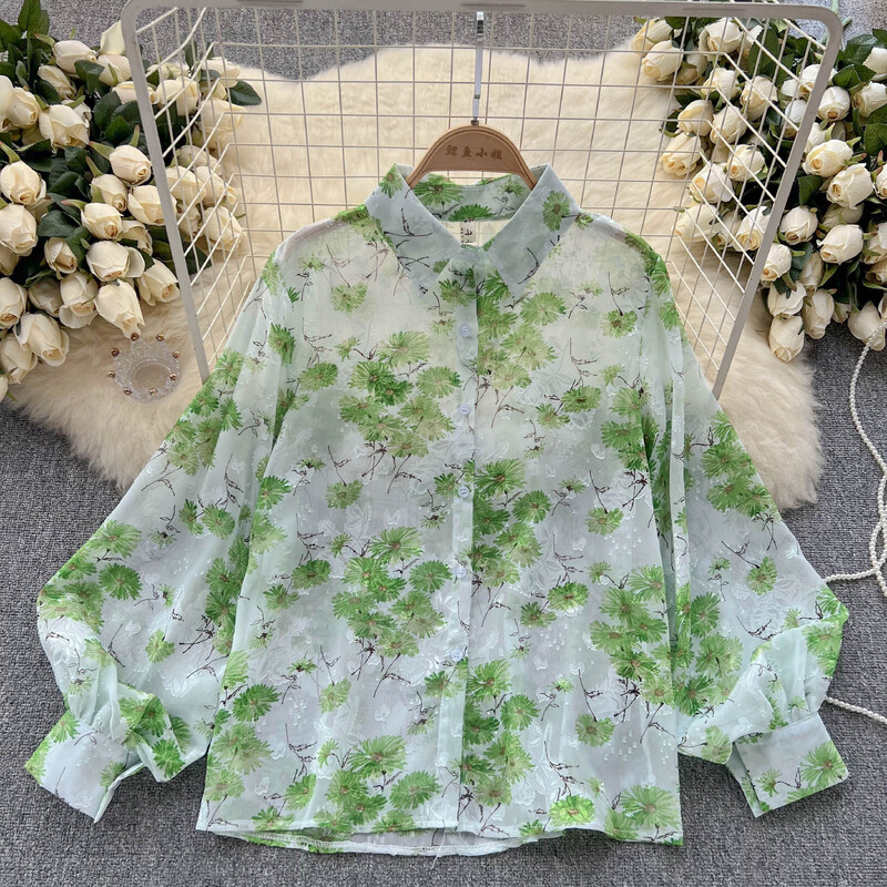 Vintage virágmintás puff hosszú ujjú blúz Vékony Elegáns koreai divat Crop felső szexi tavaszi nyár női ing Femme Blusa