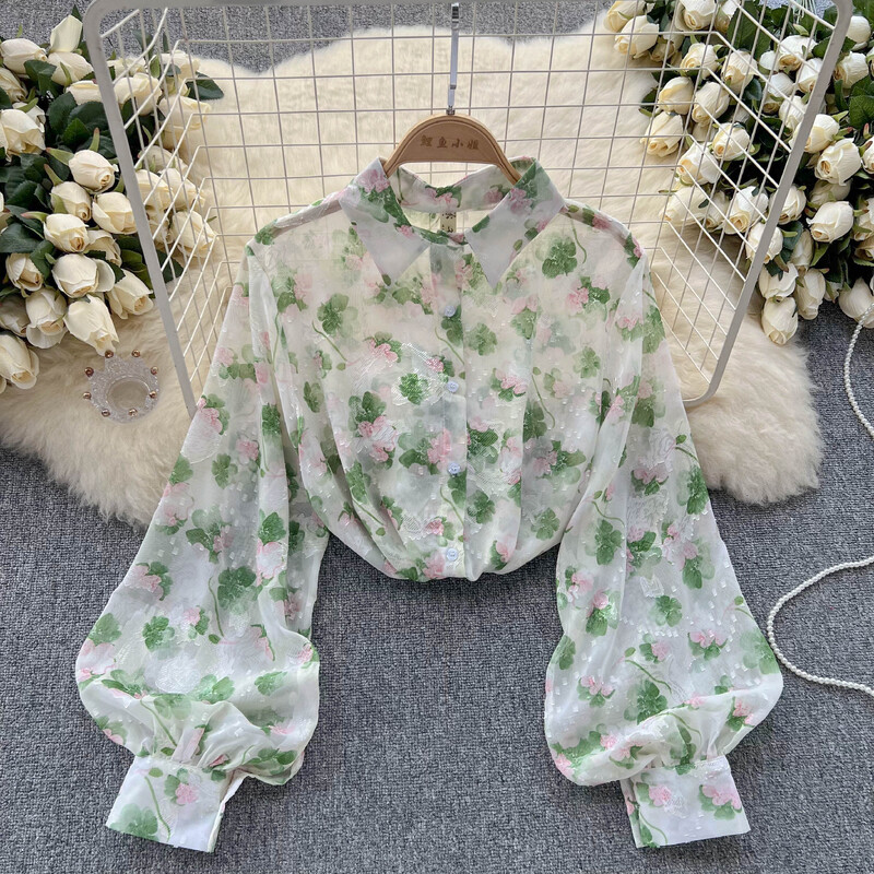 Vintage virágmintás puff hosszú ujjú blúz Vékony Elegáns koreai divat Crop felső szexi tavaszi nyár női ing Femme Blusa