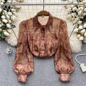 Vintage Rhine Stone Lantern hosszú ujjú blúz Vékony elegáns divatos Crop felső szexi tavaszi nyári női ing