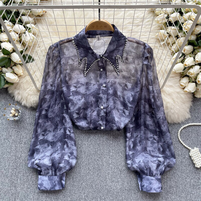 Vintage Rhine Stone Lantern hosszú ujjú blúz Vékony elegáns divatos Crop felső szexi tavaszi nyári női ing