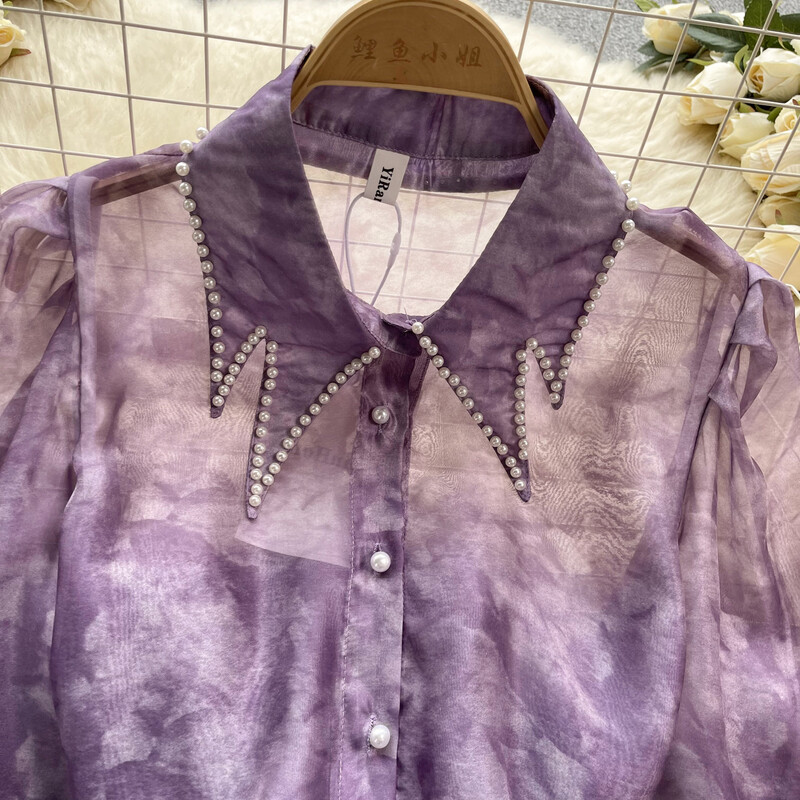 Vintage Rhine Stone Lantern hosszú ujjú blúz Vékony elegáns divatos Crop felső szexi tavaszi nyári női ing