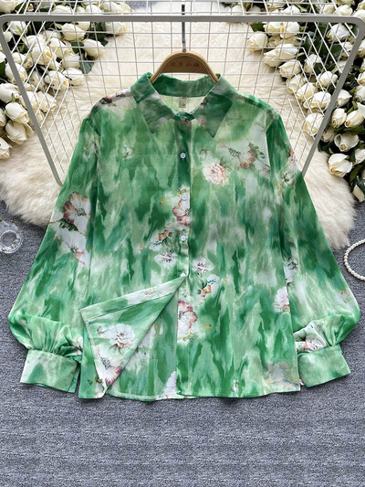 Tavaszi őszi temperamentum divat Retro sifon virágos blúzok Nyomtatott laza hajtóka felfújható ujjú felső gombos ing női A69