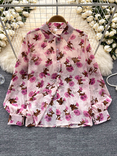 Tavaszi őszi temperamentum divat Retro sifon virágos blúzok Nyomtatott laza hajtóka felfújható ujjú felső gombos ing női A69