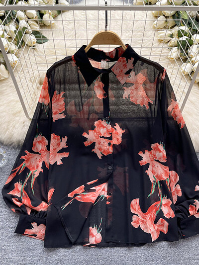 Tavaszi őszi temperamentum divat Retro sifon virágos blúzok Nyomtatott laza hajtóka felfújható ujjú felső gombos ing női A69