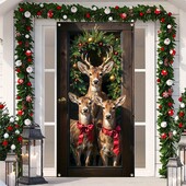 1db, karácsonyi Sika Deer első verandaajtó transzparens, poliészter, szilveszteri karácsonyi parti háttér
