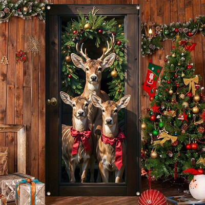 1db, karácsonyi Sika Deer első verandaajtó transzparens, poliészter, szilveszteri karácsonyi parti háttér
