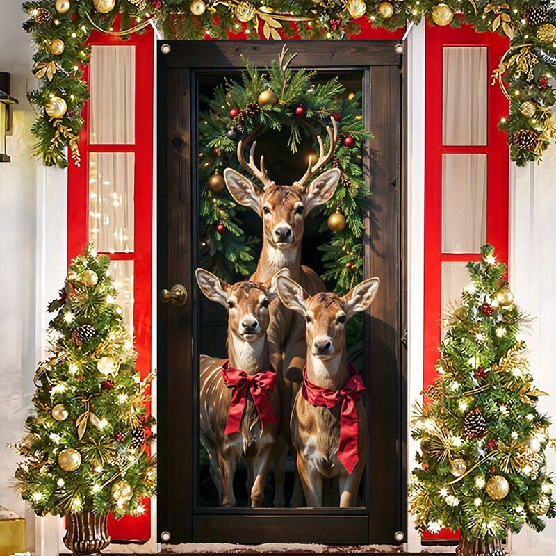 1db, karácsonyi Sika Deer első verandaajtó transzparens, poliészter, szilveszteri karácsonyi parti háttér