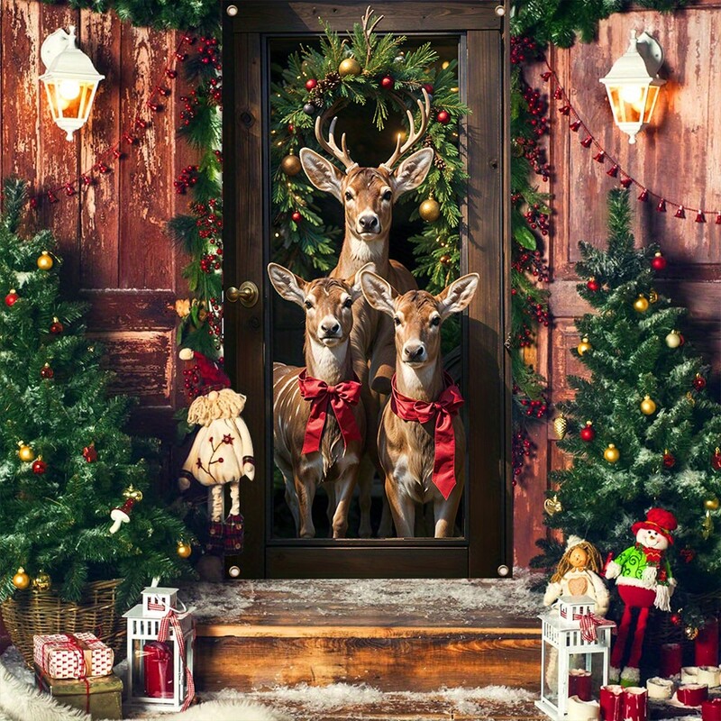 1db, karácsonyi Sika Deer első verandaajtó transzparens, poliészter, szilveszteri karácsonyi parti háttér