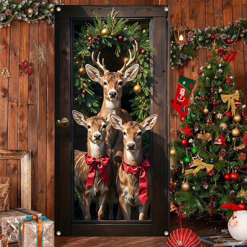 1db, karácsonyi Sika Deer első verandaajtó transzparens, poliészter, szilveszteri karácsonyi parti háttér
