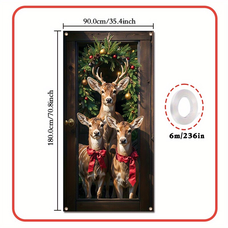 1db, karácsonyi Sika Deer első verandaajtó transzparens, poliészter, szilveszteri karácsonyi parti háttér