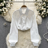 Vintage rajnai köves flitteres hosszú ujjú blúz karcsú, elegáns, divatos Crop felső szexi tavaszi őszi női ing