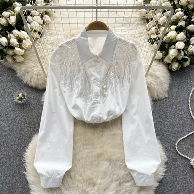 Vintage rajnai köves flitteres hosszú ujjú blúz karcsú, elegáns, divatos Crop felső szexi tavaszi őszi női ing