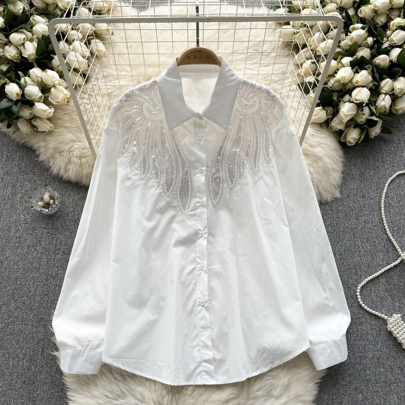 Vintage rajnai köves flitteres hosszú ujjú blúz karcsú, elegáns, divatos Crop felső szexi tavaszi őszi női ing