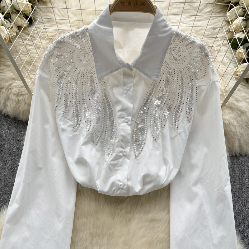 Vintage rajnai köves flitteres hosszú ujjú blúz karcsú, elegáns, divatos Crop felső szexi tavaszi őszi női ing